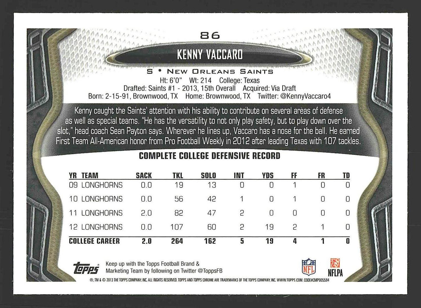 2013 Topps Chrome #86 Kenny Vaccaro