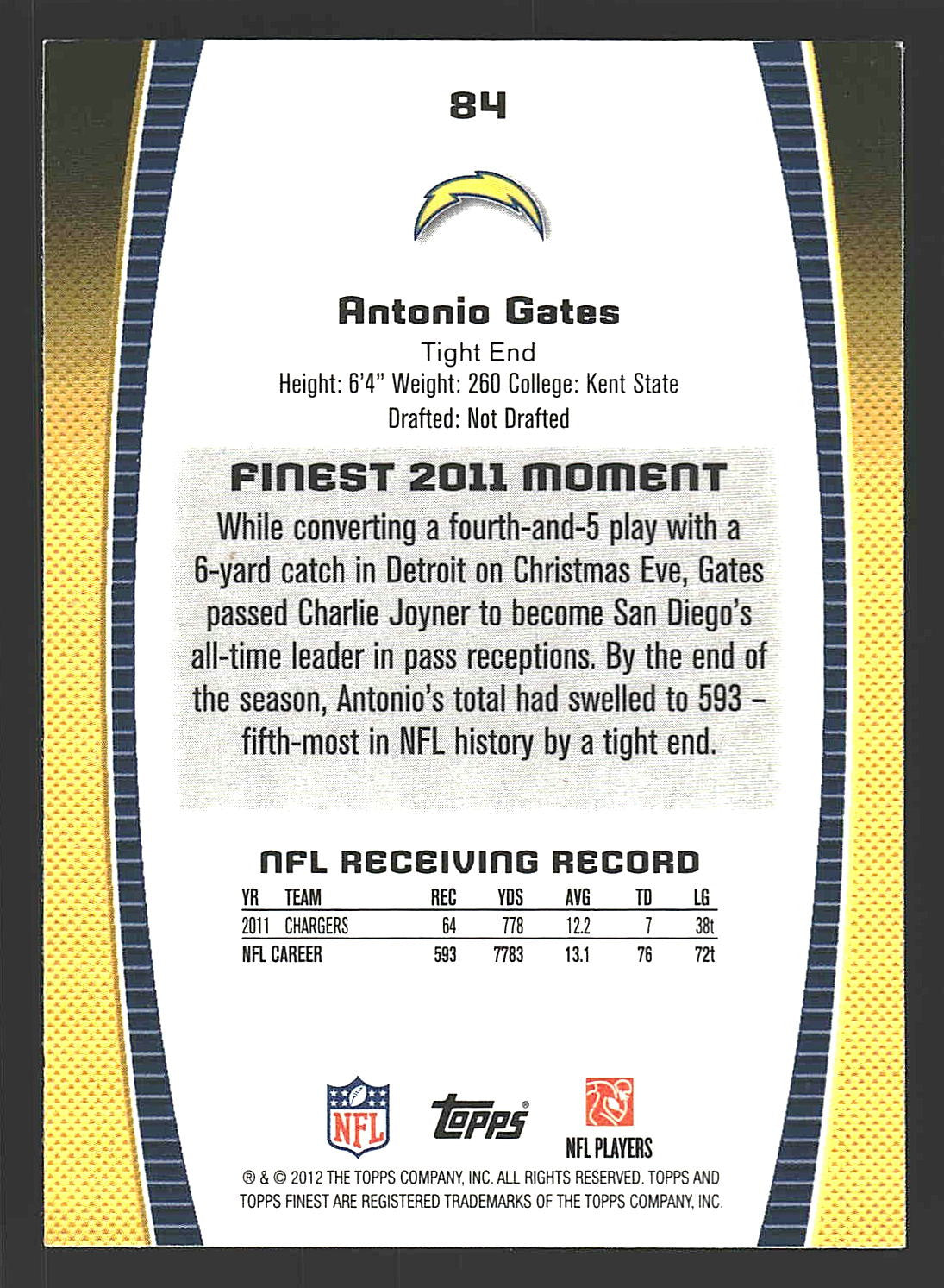 2012 Finest #84 Antonio Gates