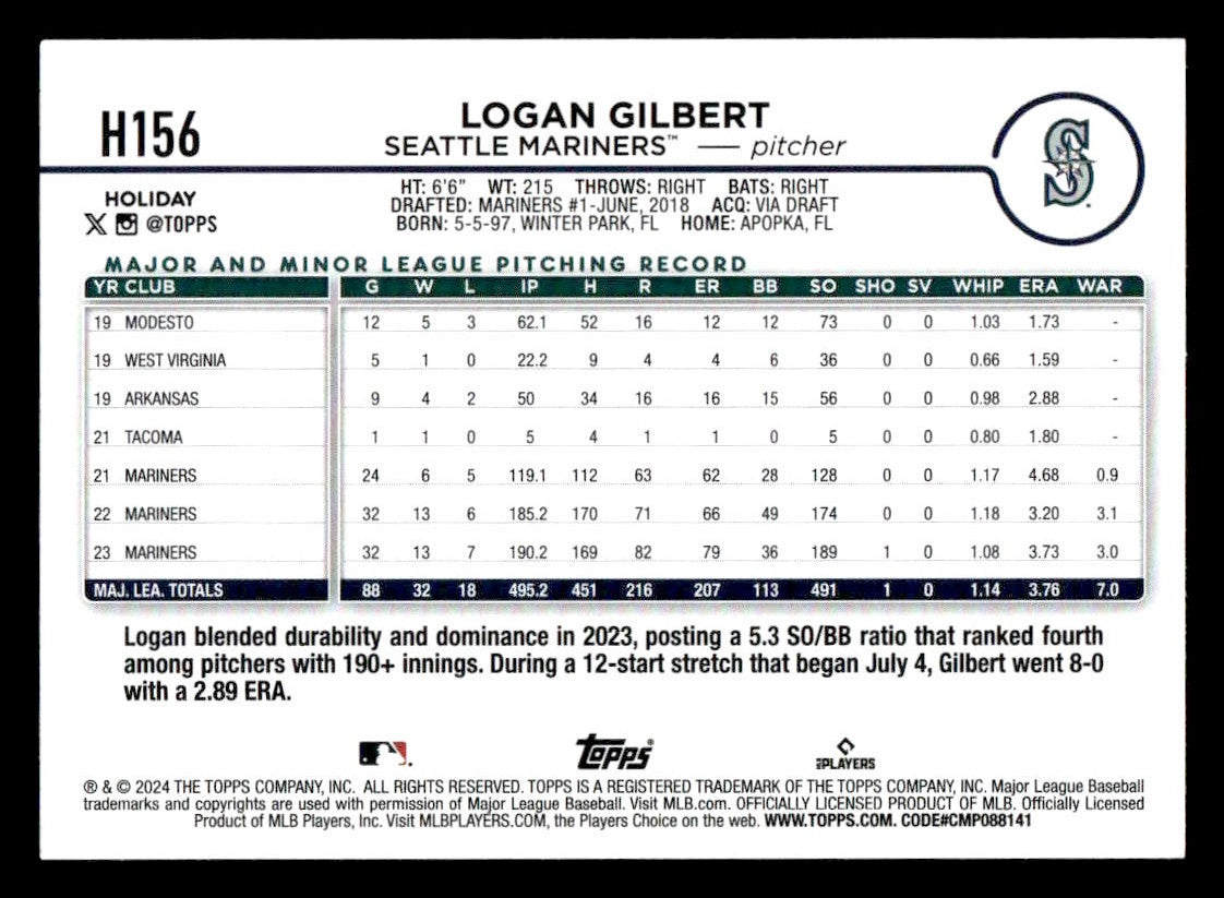 2024 Topps Holiday #H156 Logan Gilbert