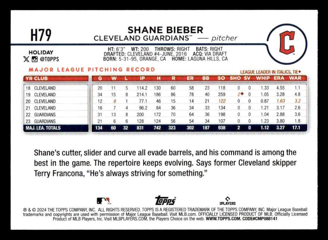 2024 Topps Holiday #H79 Shane Bieber
