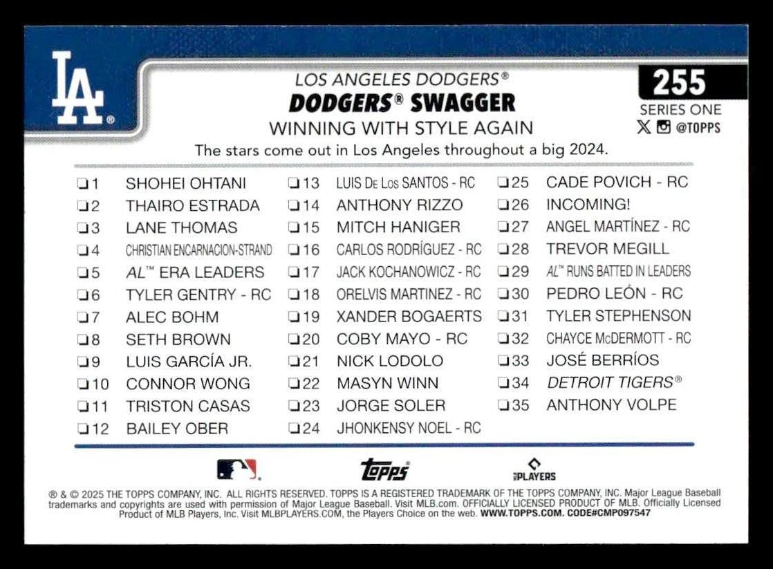 2025 Topps #255 Dodgers Swagger: Winning With Style Again