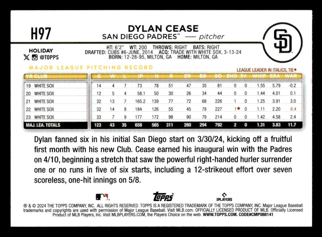 2024 Topps Holiday #H97 Dylan Cease
