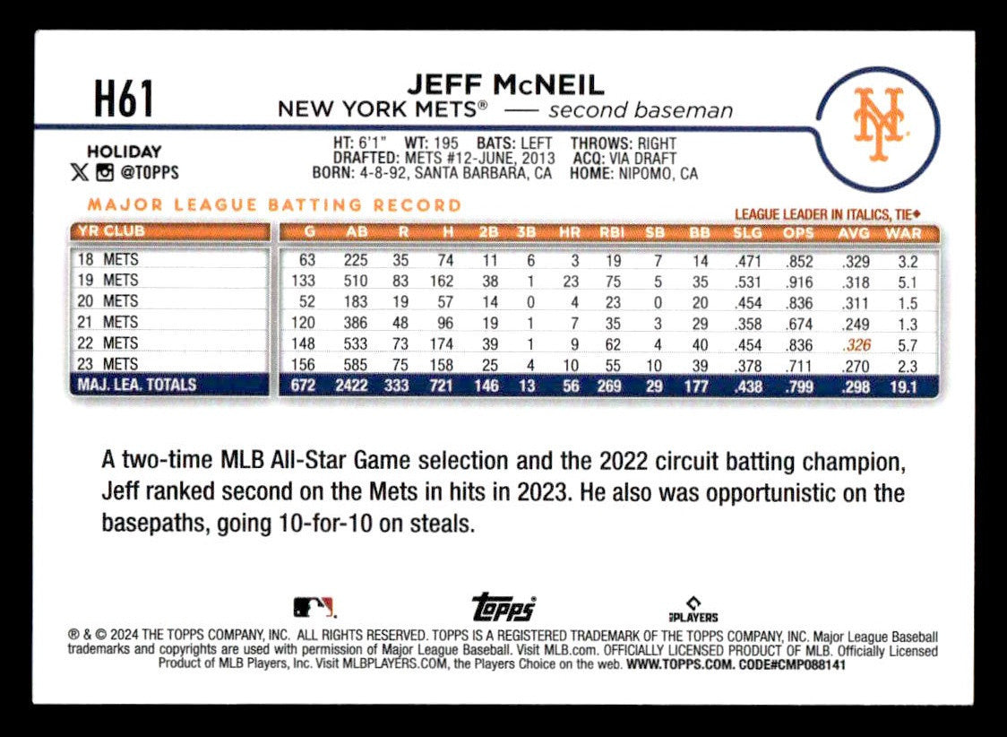 2024 Topps Holiday #H61 Jeff McNeil