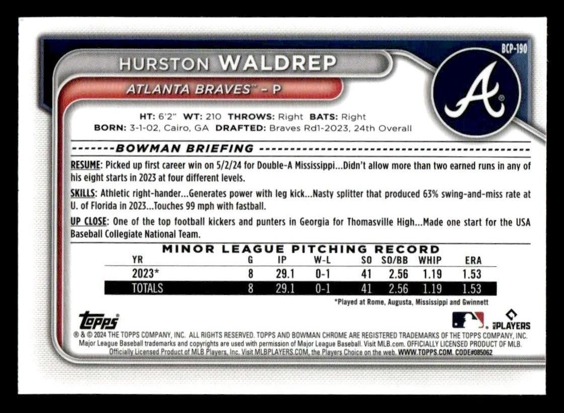 2024 Bowman Chrome #BCP-190 Hurston Waldrep Prospects Shimmer Refractors