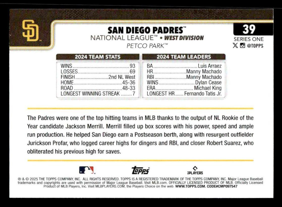 2025 Topps #39 San Diego Padres
