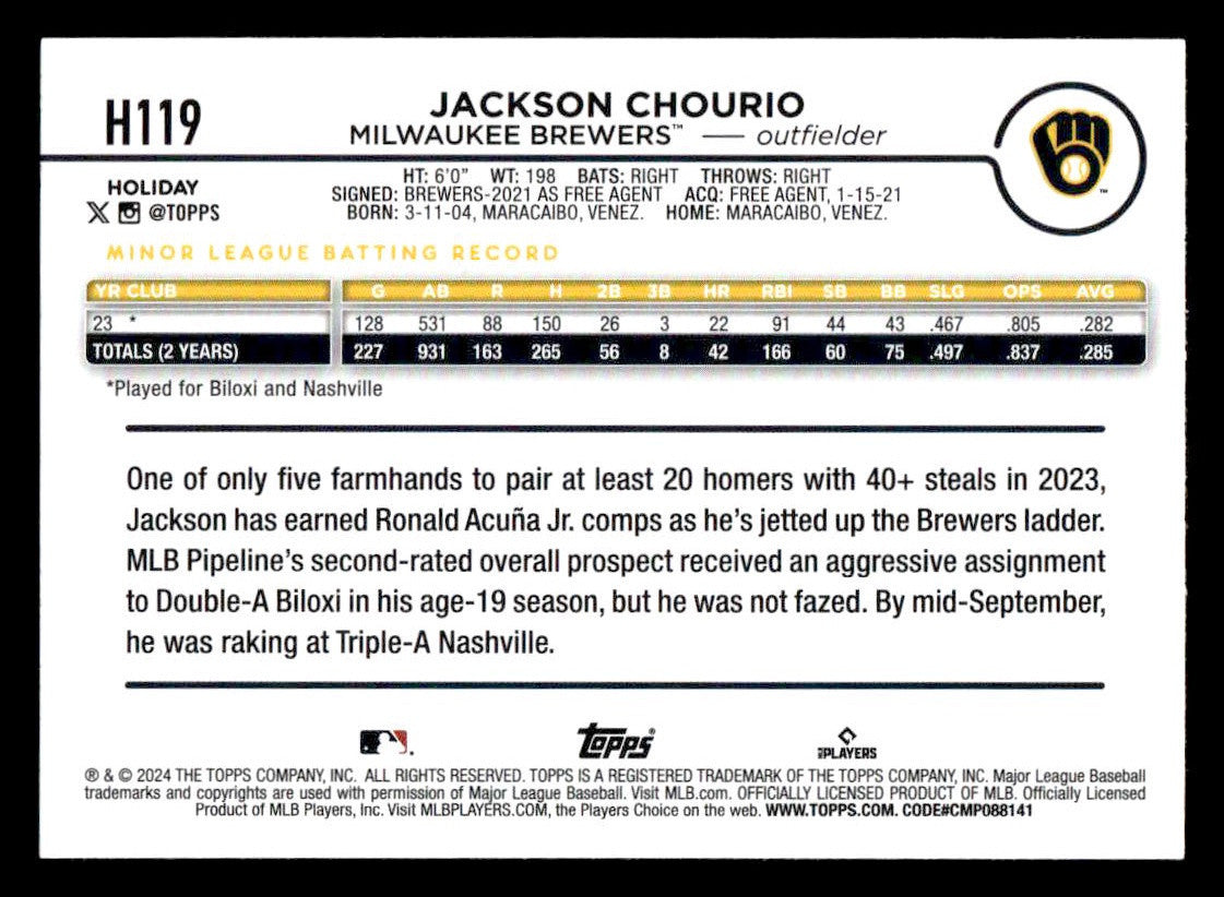 2024 Topps Holiday #H119 Jackson Chourio