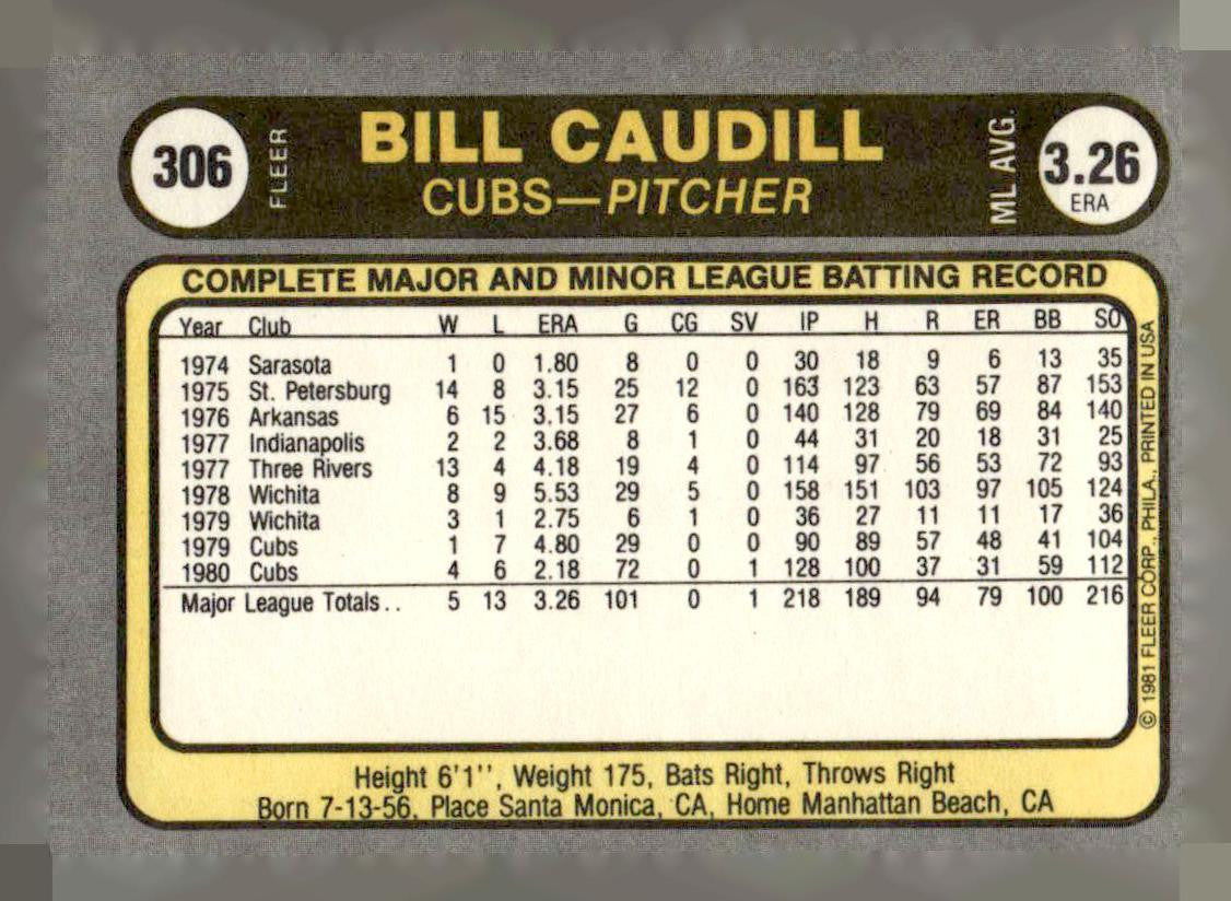 1981 Fleer #306 Bill Caudill