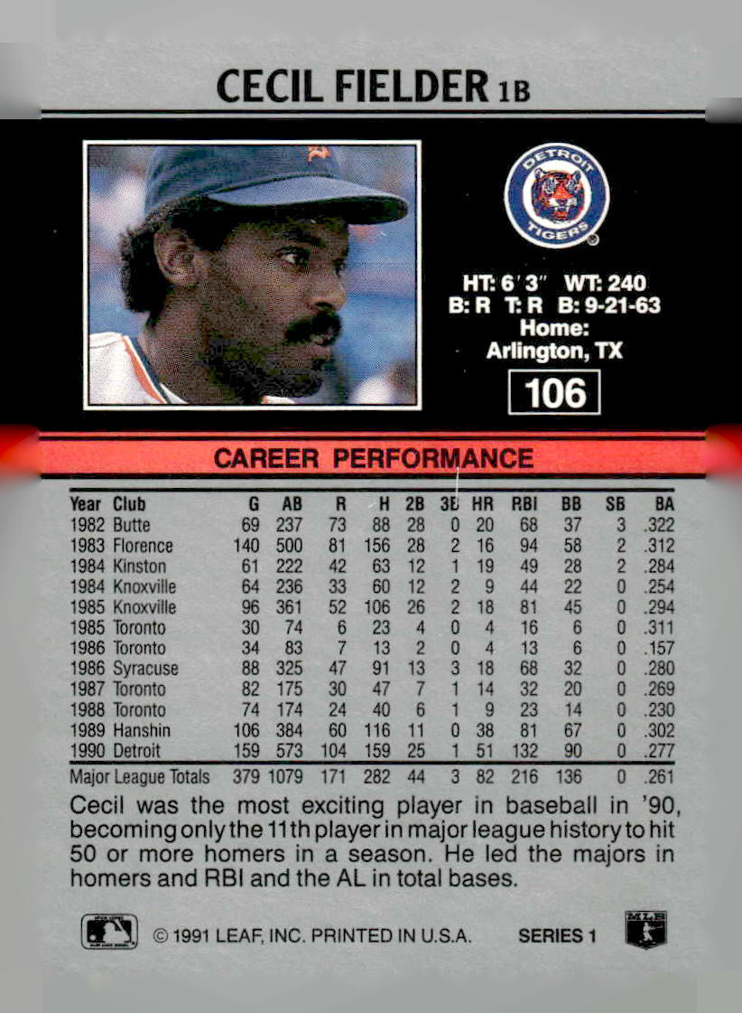 1991 Leaf #106 Cecil Fielder