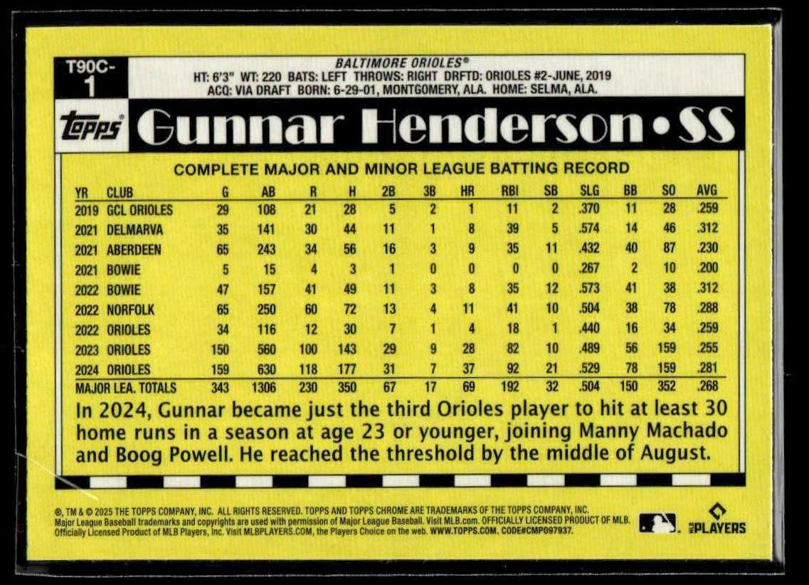 2025 Topps #T90C-1 Gunnar Henderson 1990 Topps Baseball 35th Anniversary Chrome