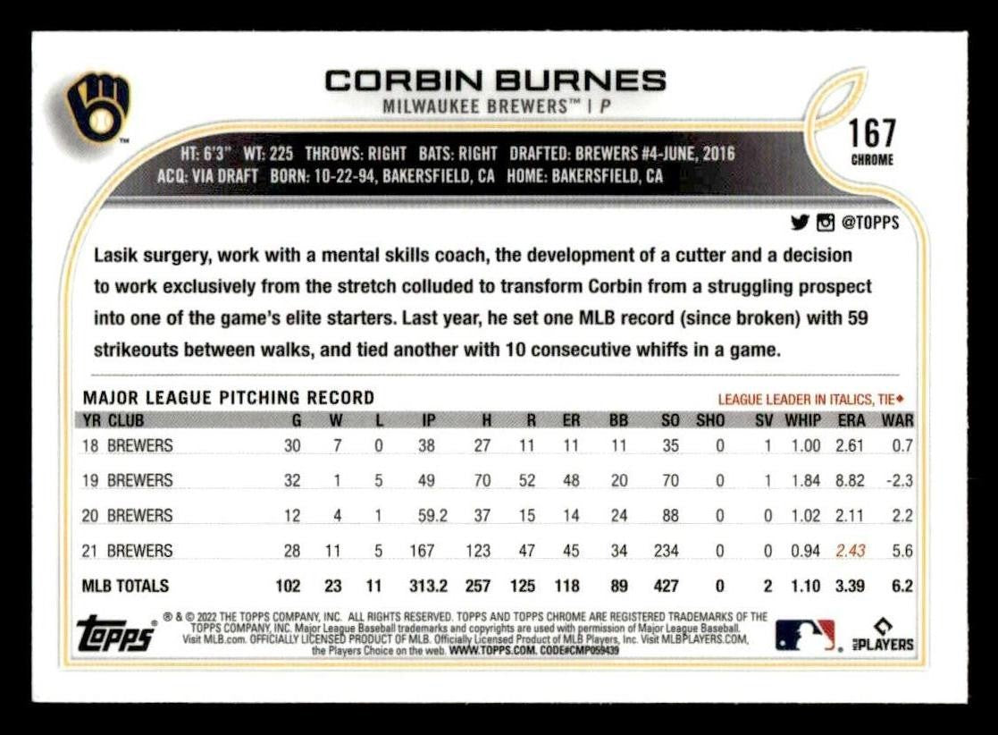 2022 Topps Chrome Sonic #167 Corbin Burnes