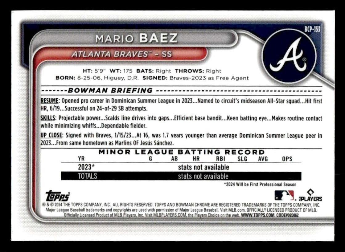 2024 Bowman Chrome #BCP-153 Mario Baez Prospects