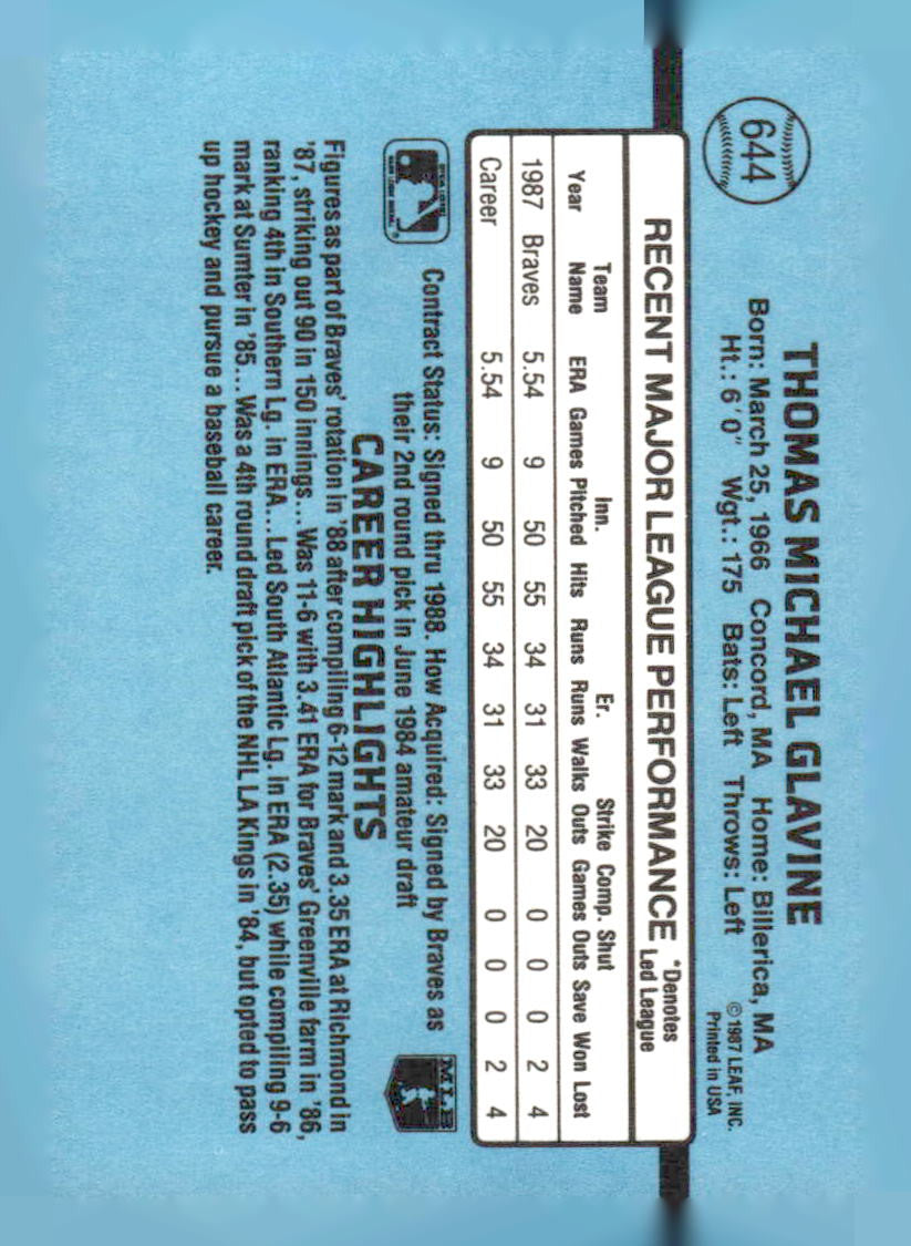 1988 Donruss #644 Tom Glavine