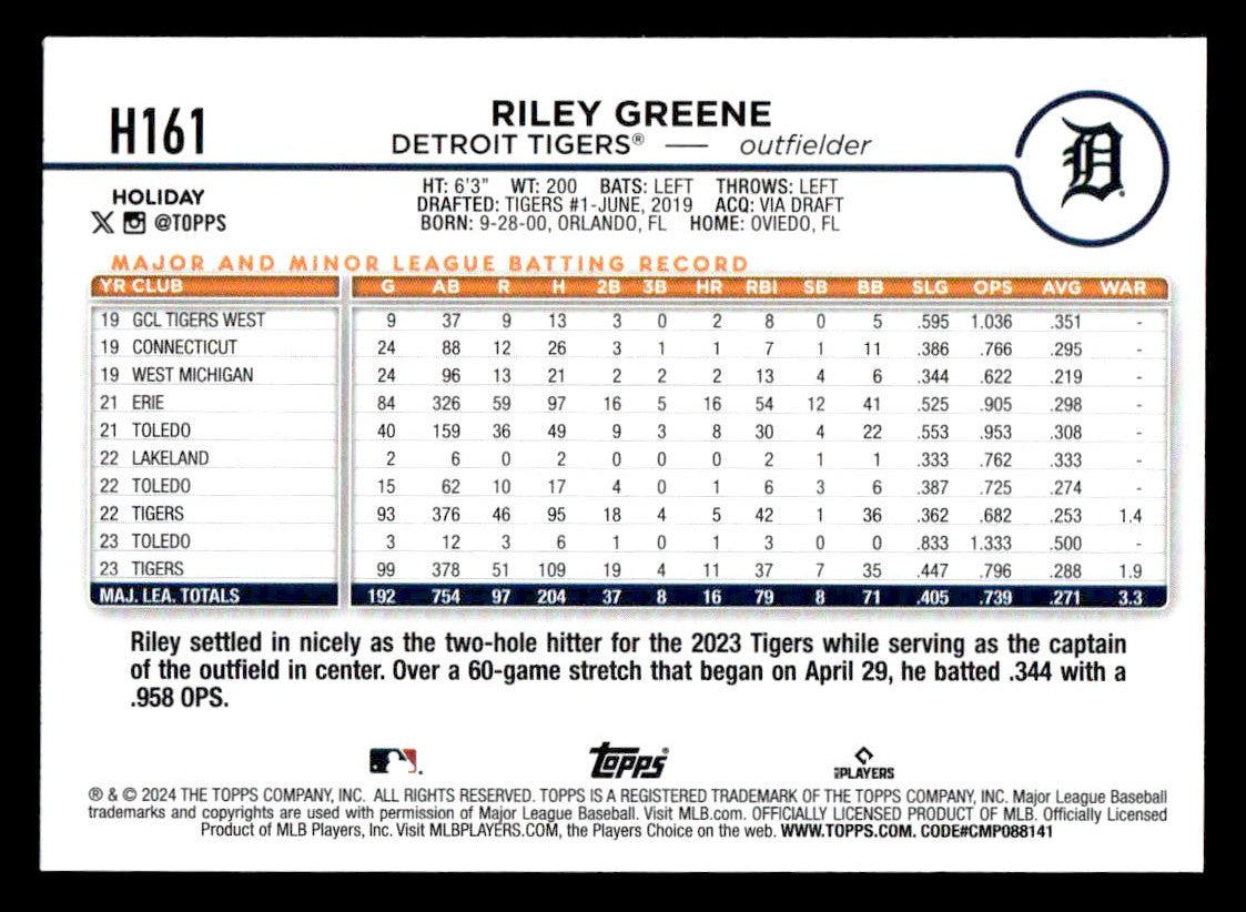 2024 Topps Holiday #H161 Riley Greene