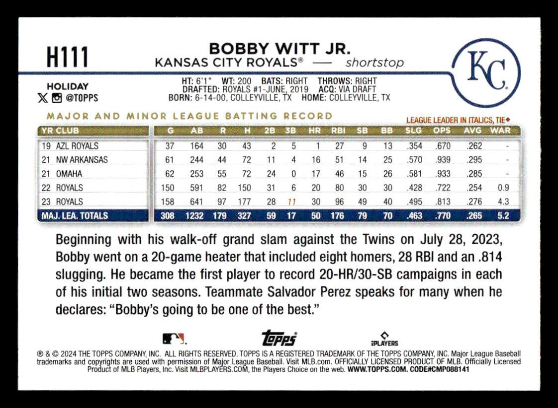2024 Topps Holiday #H111 Bobby Witt Jr.