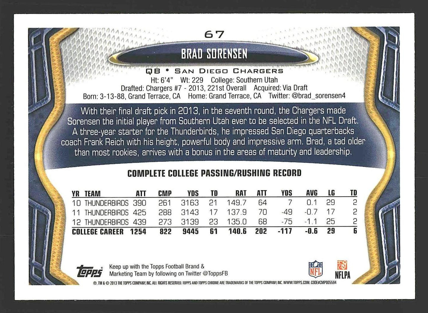 2013 Topps Chrome #67 Brad Sorensen