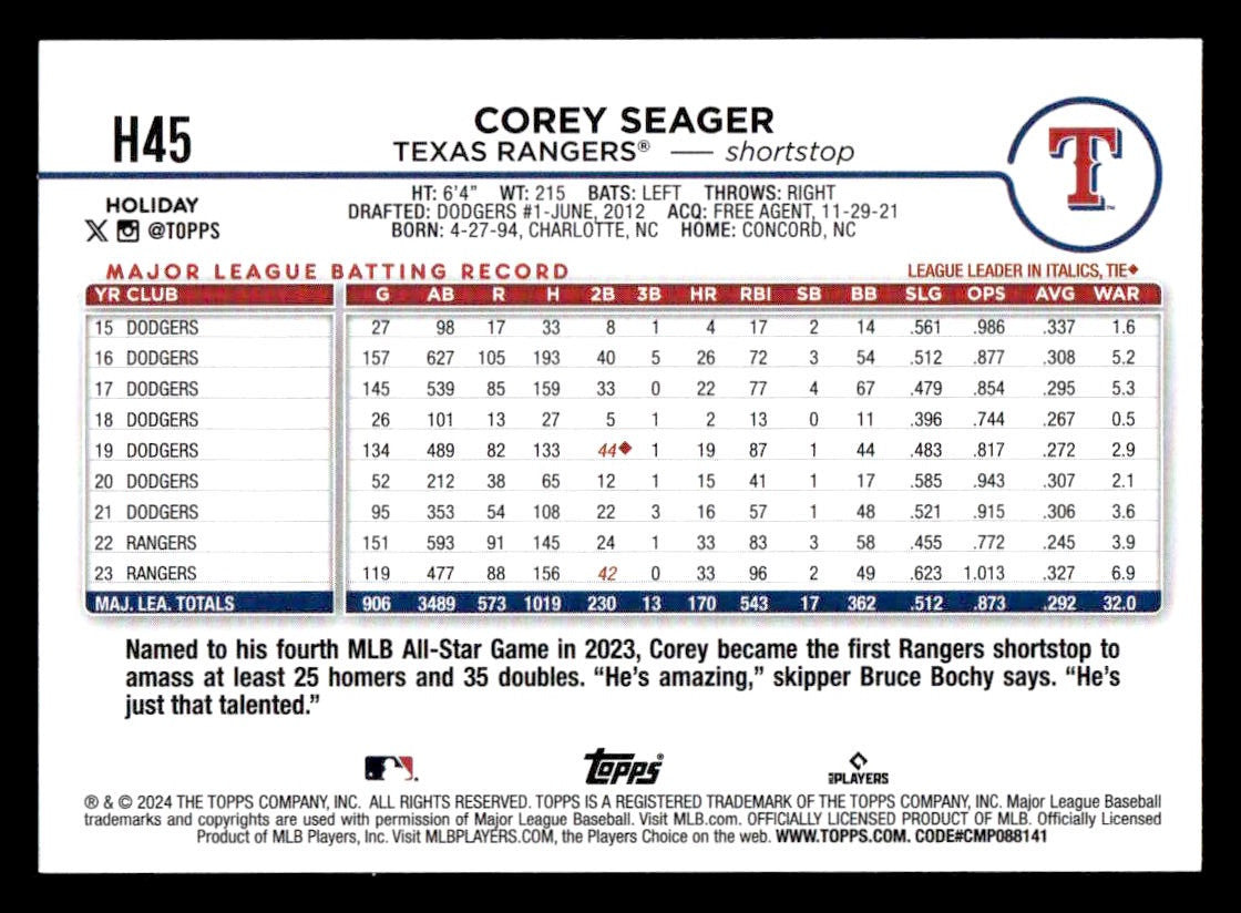 2024 Topps Holiday #H45 Corey Seager