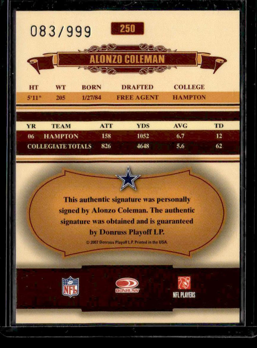 2007 Donruss Classics #250 Alonzo Coleman #/999