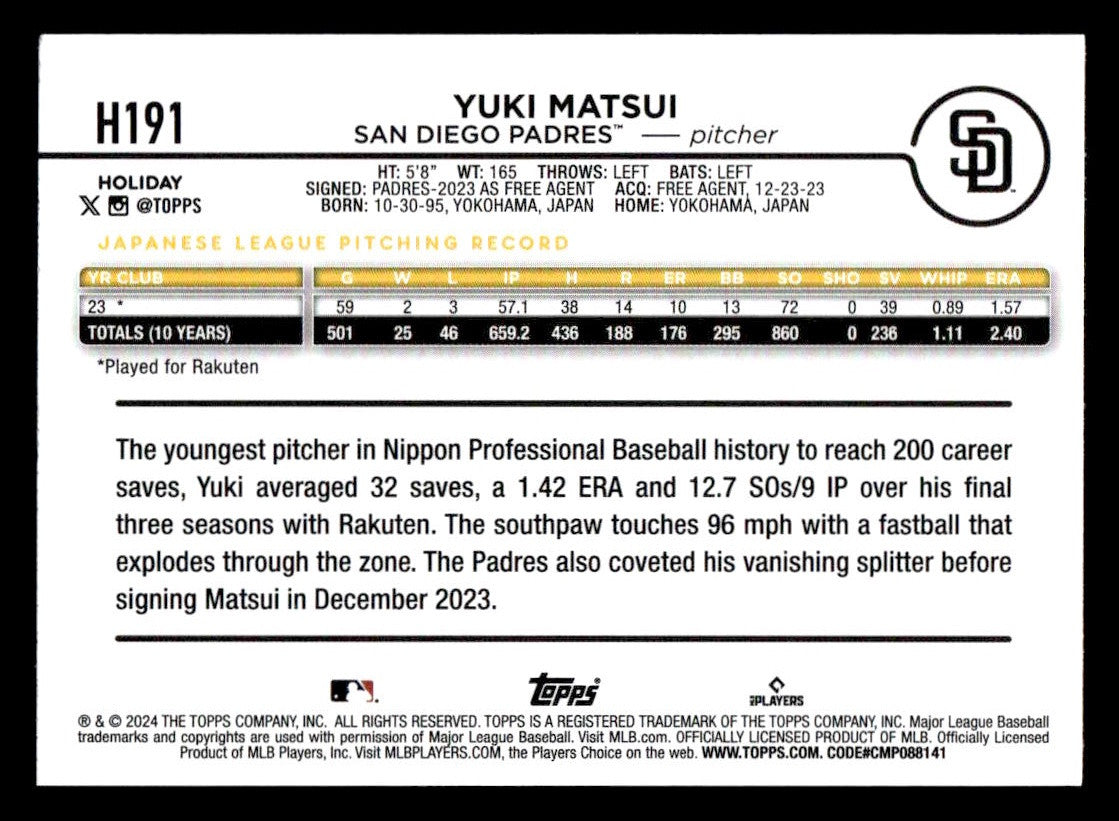 2024 Topps Holiday #H191 Yuki Matsui