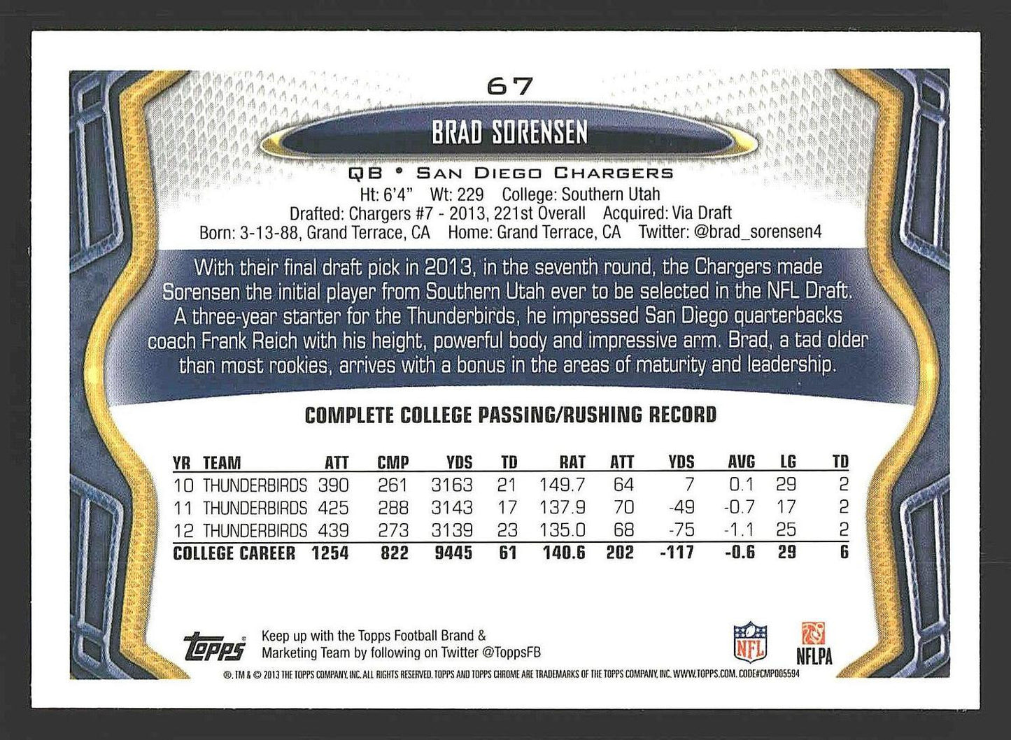 2013 Topps Chrome #67 Brad Sorensen