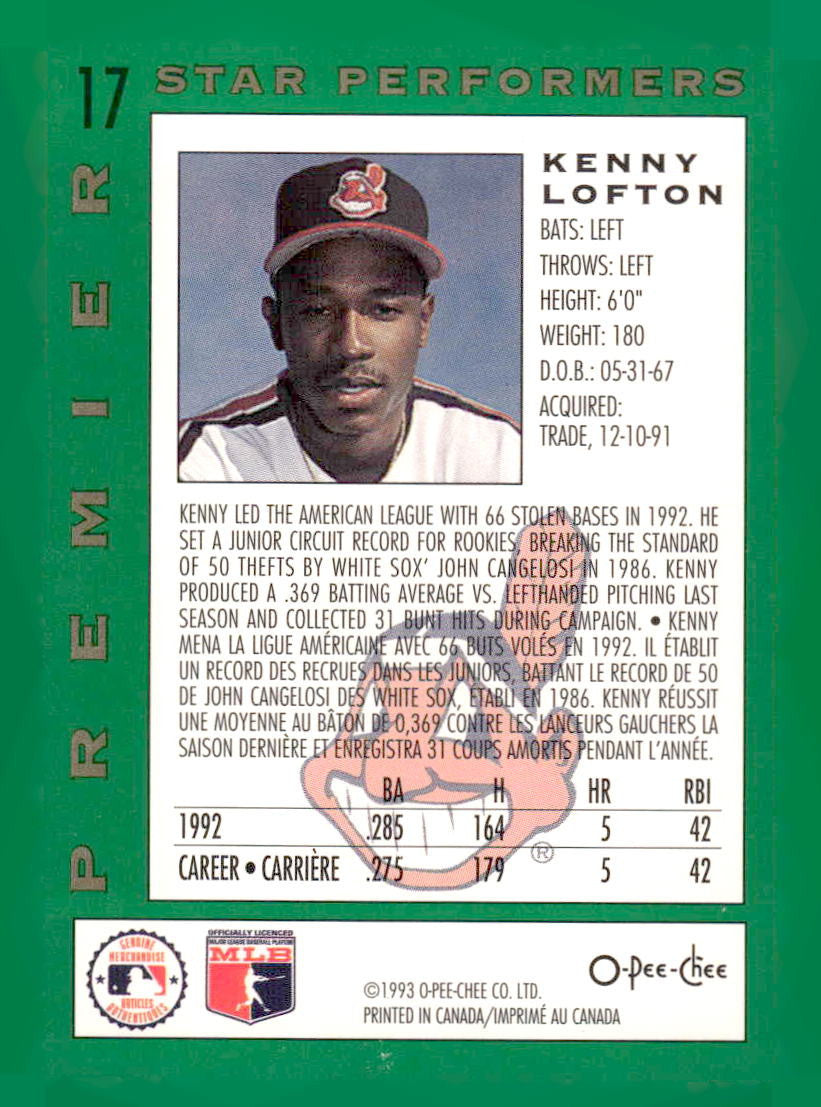 1993 O-Pee-Chee Premier #17 Kenny Lofton Pee-Chee Premier - Star Performers