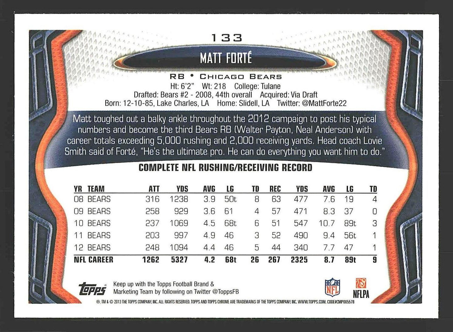 2013 Topps Chrome #133 Matt Forte