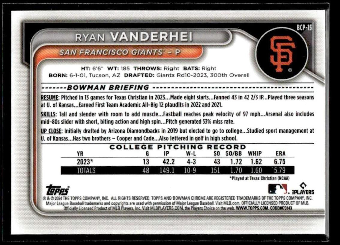 2024 Bowman #BCP-15 Ryan Vanderhei Chrome Prospects