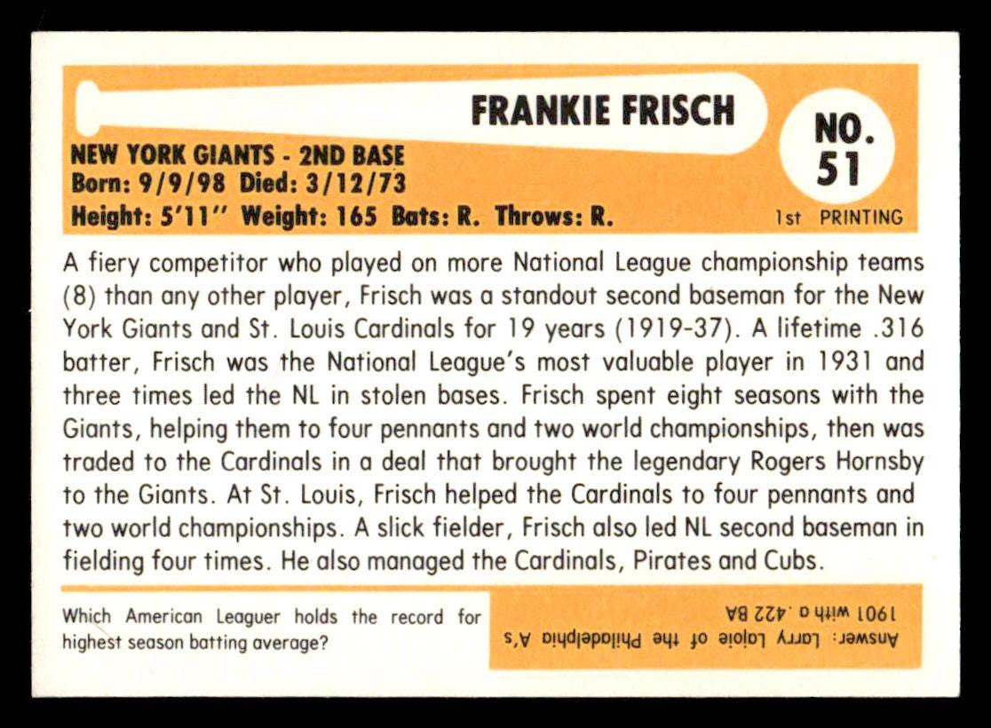 1980-87 SSPC HOF #51a Frankie Frisch