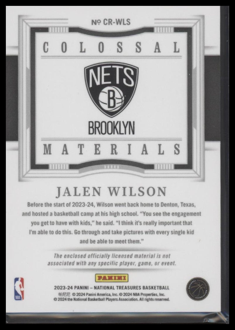 2023-24 National Treasures #CR-WLS Jalen Wilson Colossal Rookie Mat Intl #/24