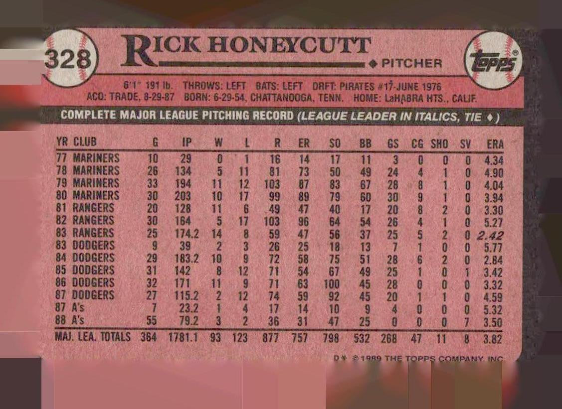 1989 Topps #328 Rick Honeycutt