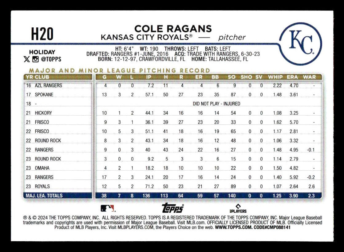 2024 Topps Holiday #H20 Cole Ragans