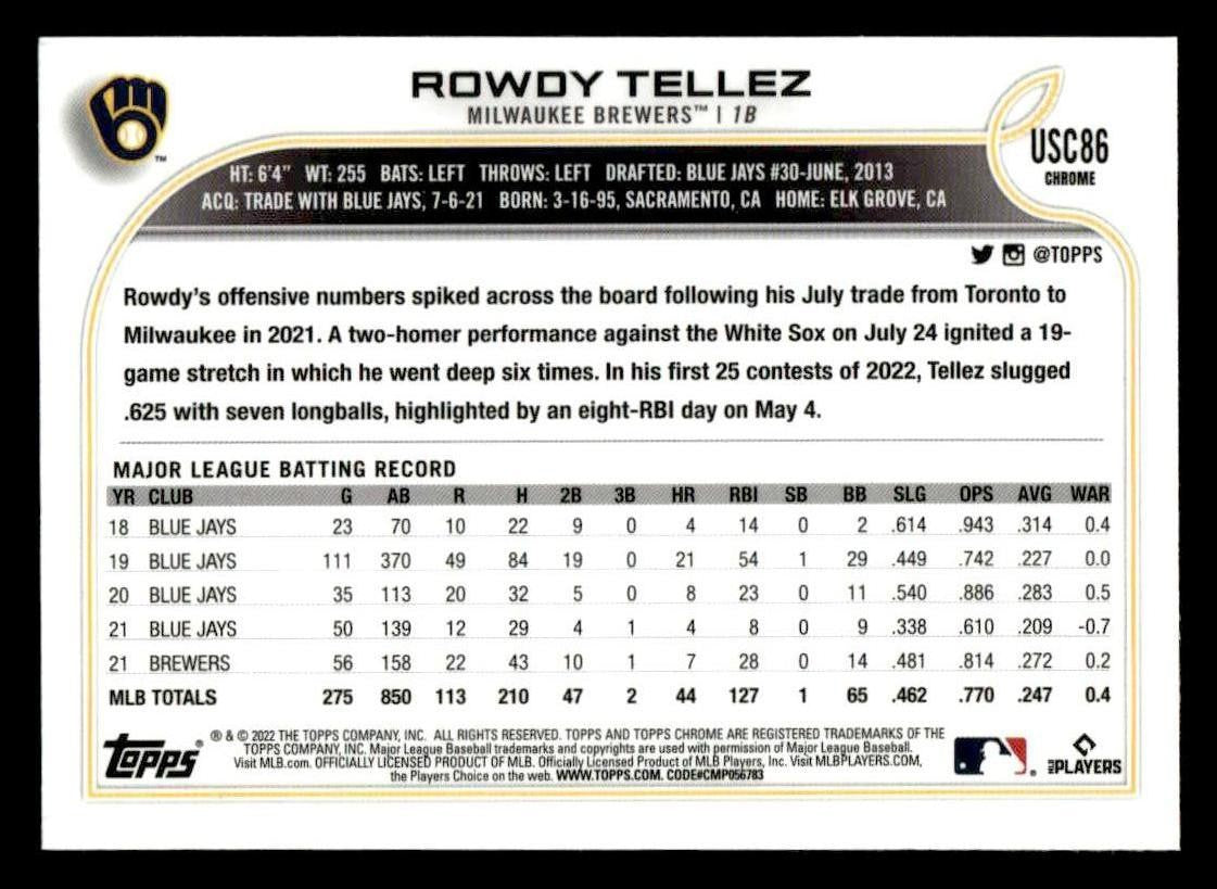 2022 Topps Chrome Update #USC86 Rowdy Tellez Purple Refractor