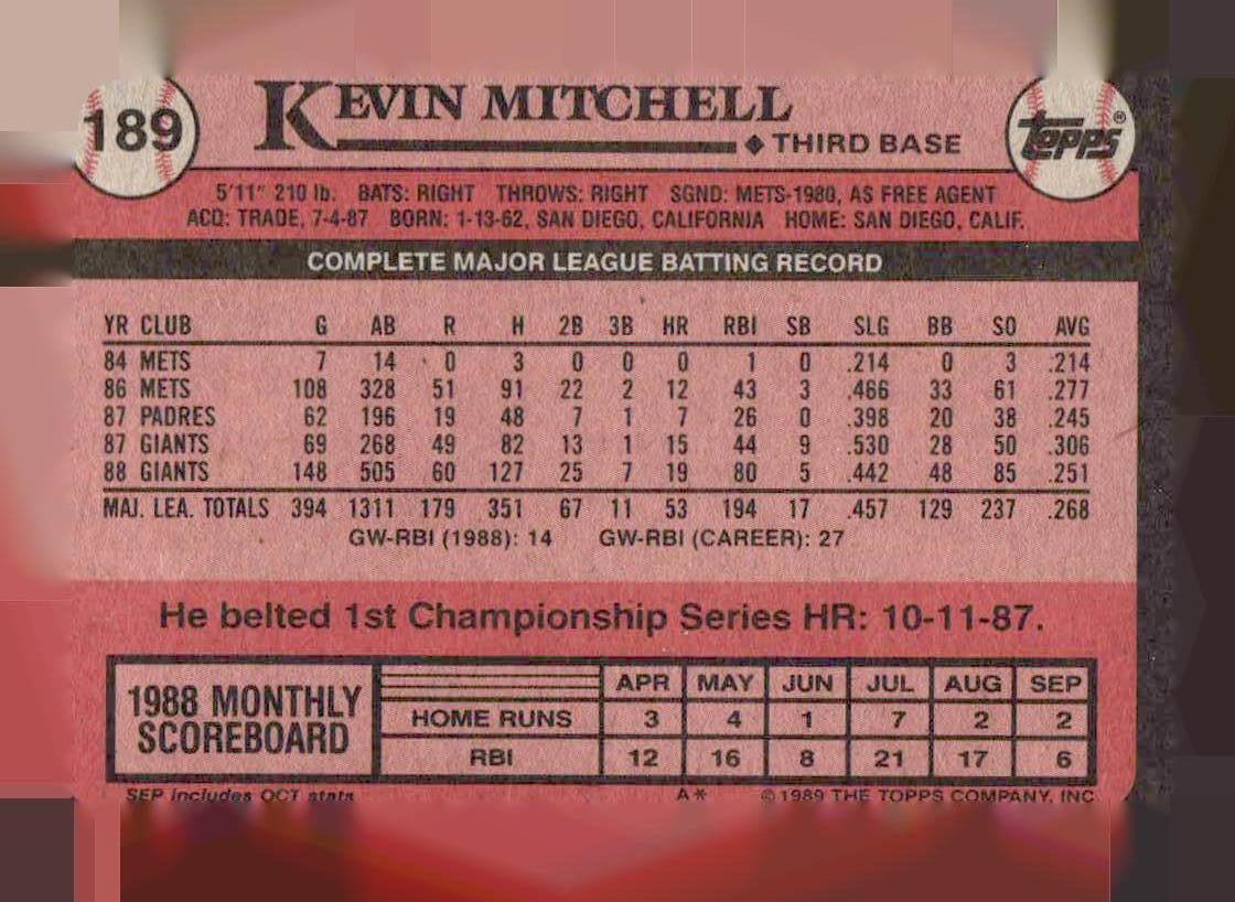 1989 Topps #189 Kevin Mitchell