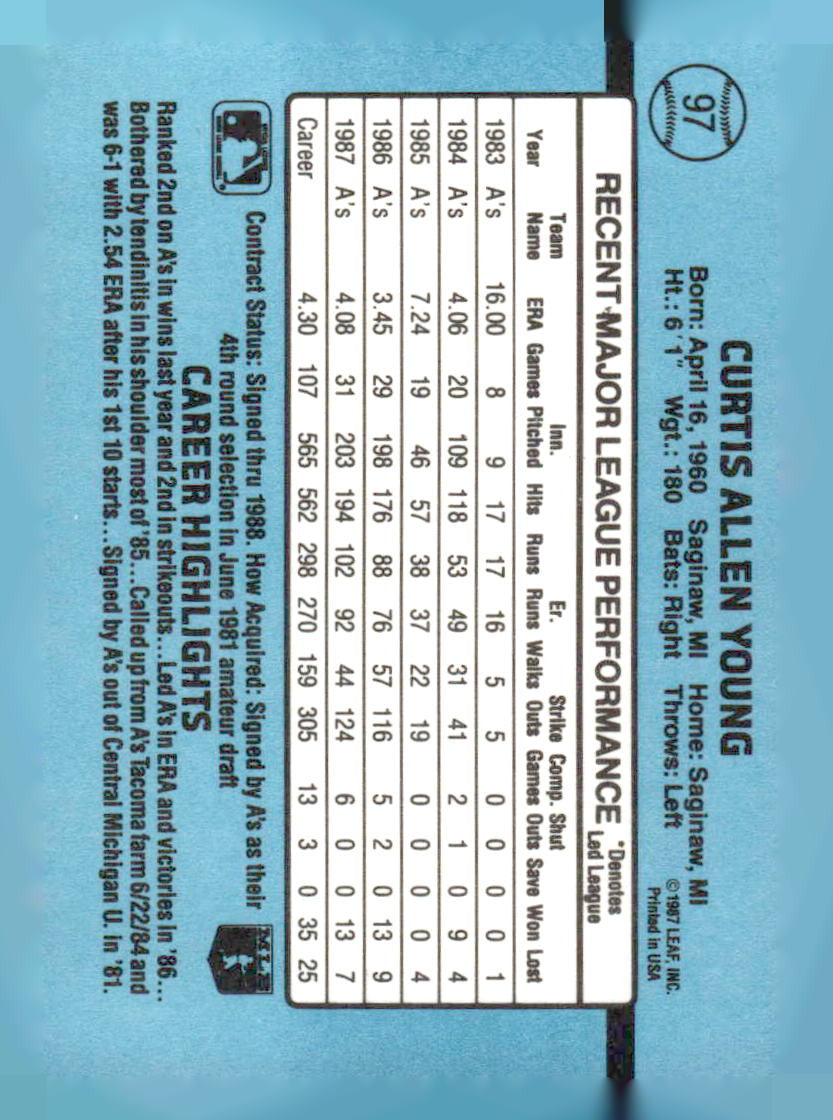 1988 Donruss #97c Curt Young