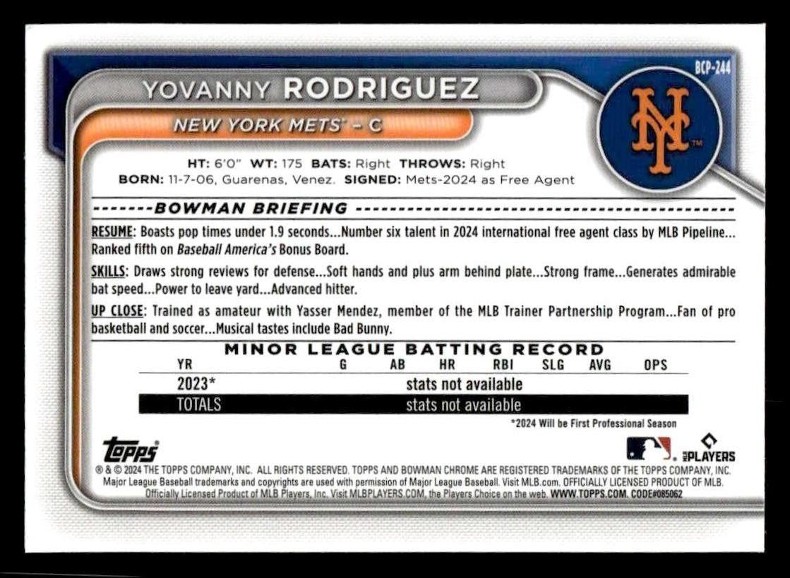 2024 Bowman Chrome #BCP-244 Yovanny Rodriguez Prospects