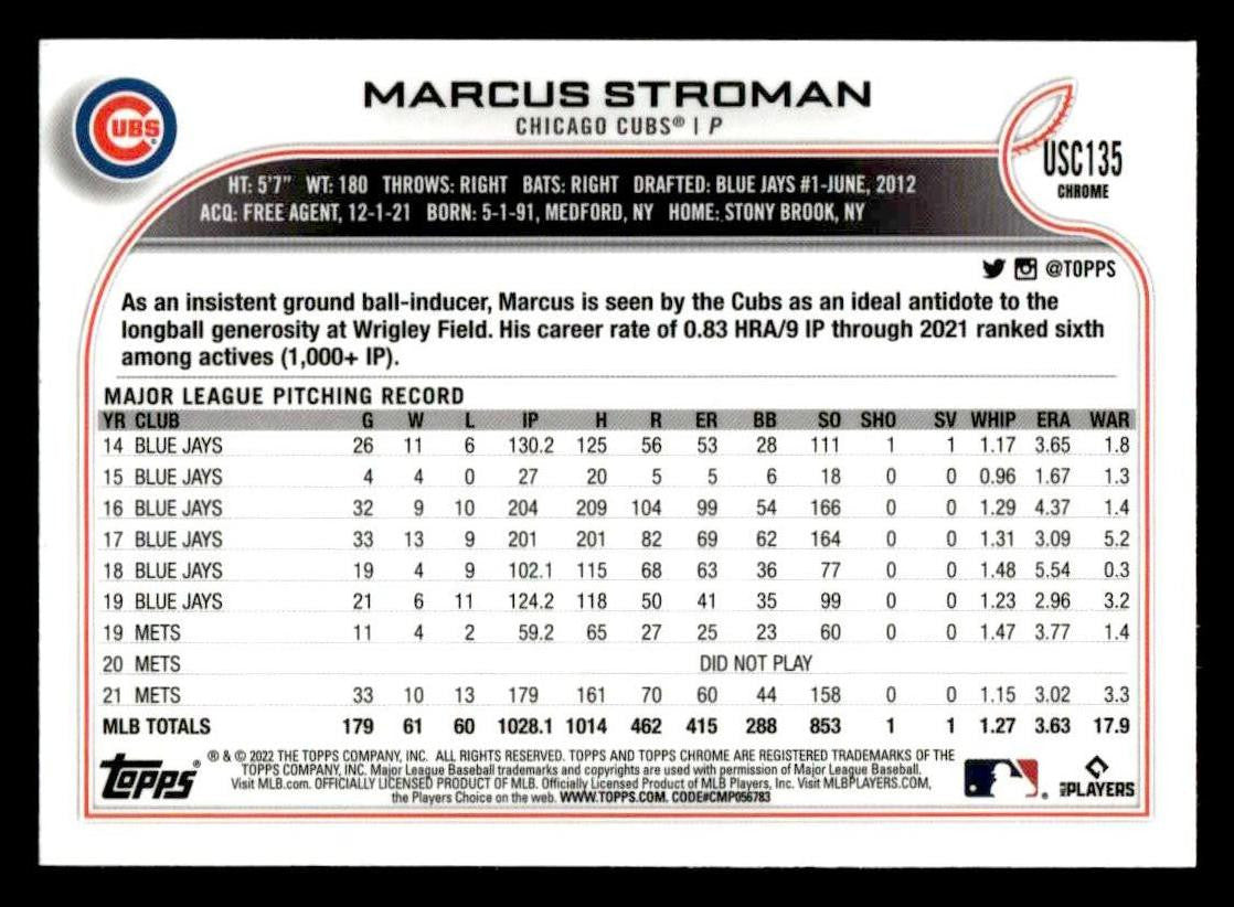 2022 Topps Chrome Update #USC135 Marcus Stroman Purple Refractor