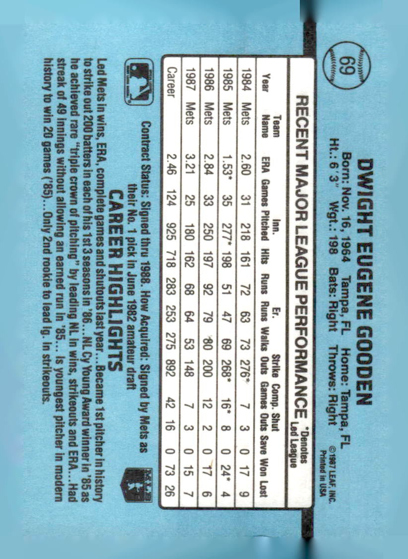 1988 Donruss #69c Dwight Gooden