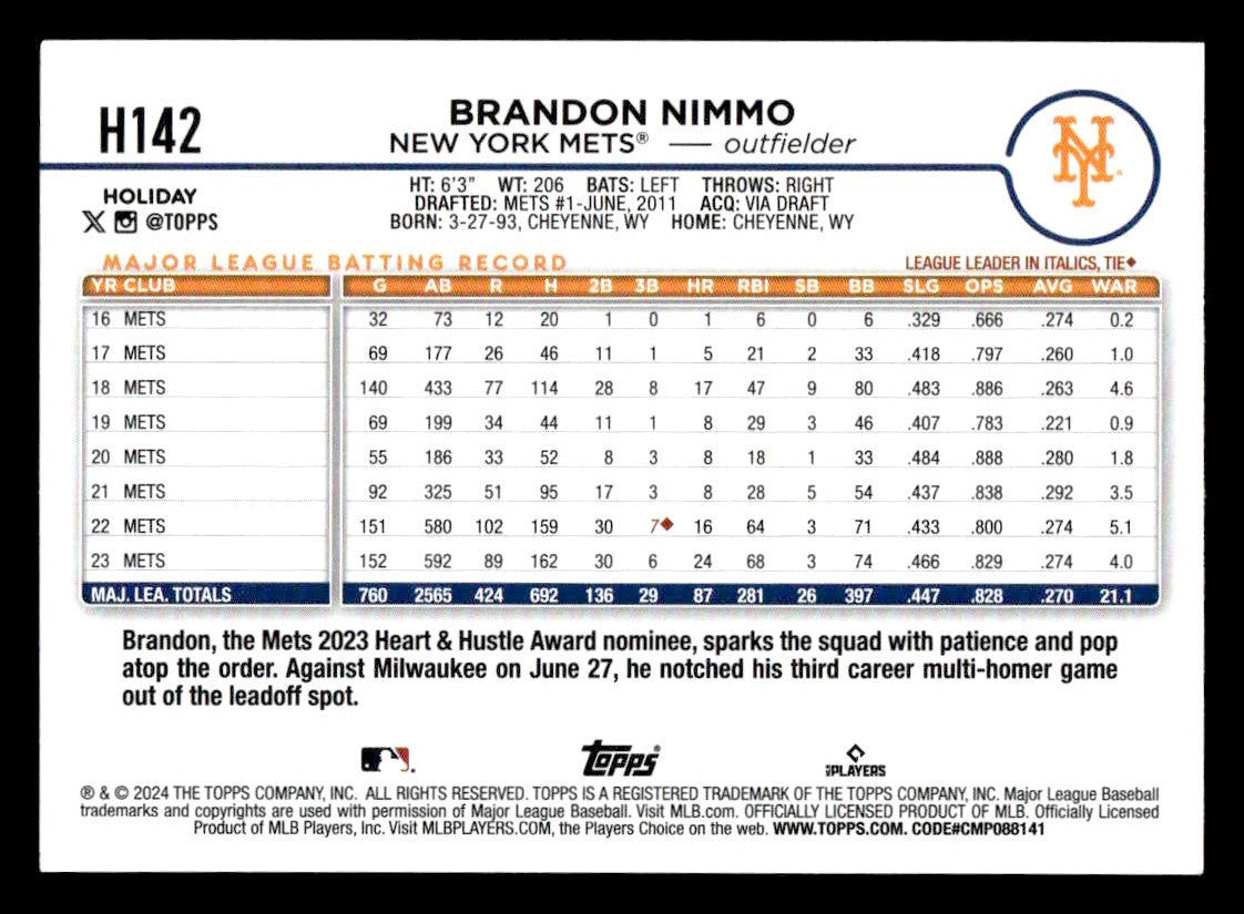 2024 Topps Holiday #H142 Brandon Nimmo