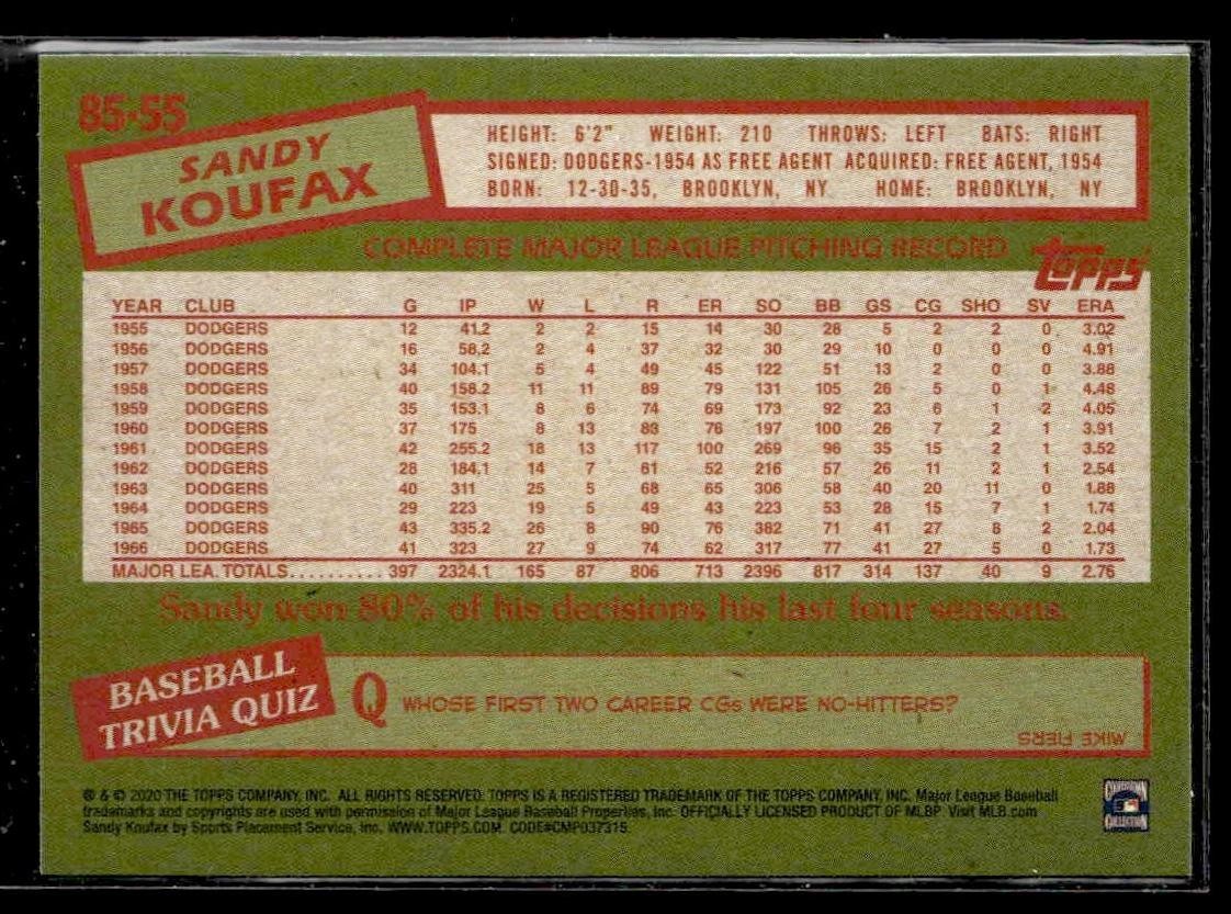 2020 Topps #85-55 Sandy Koufax 1985 Topps Baseball 35th Anniversary (Series One)