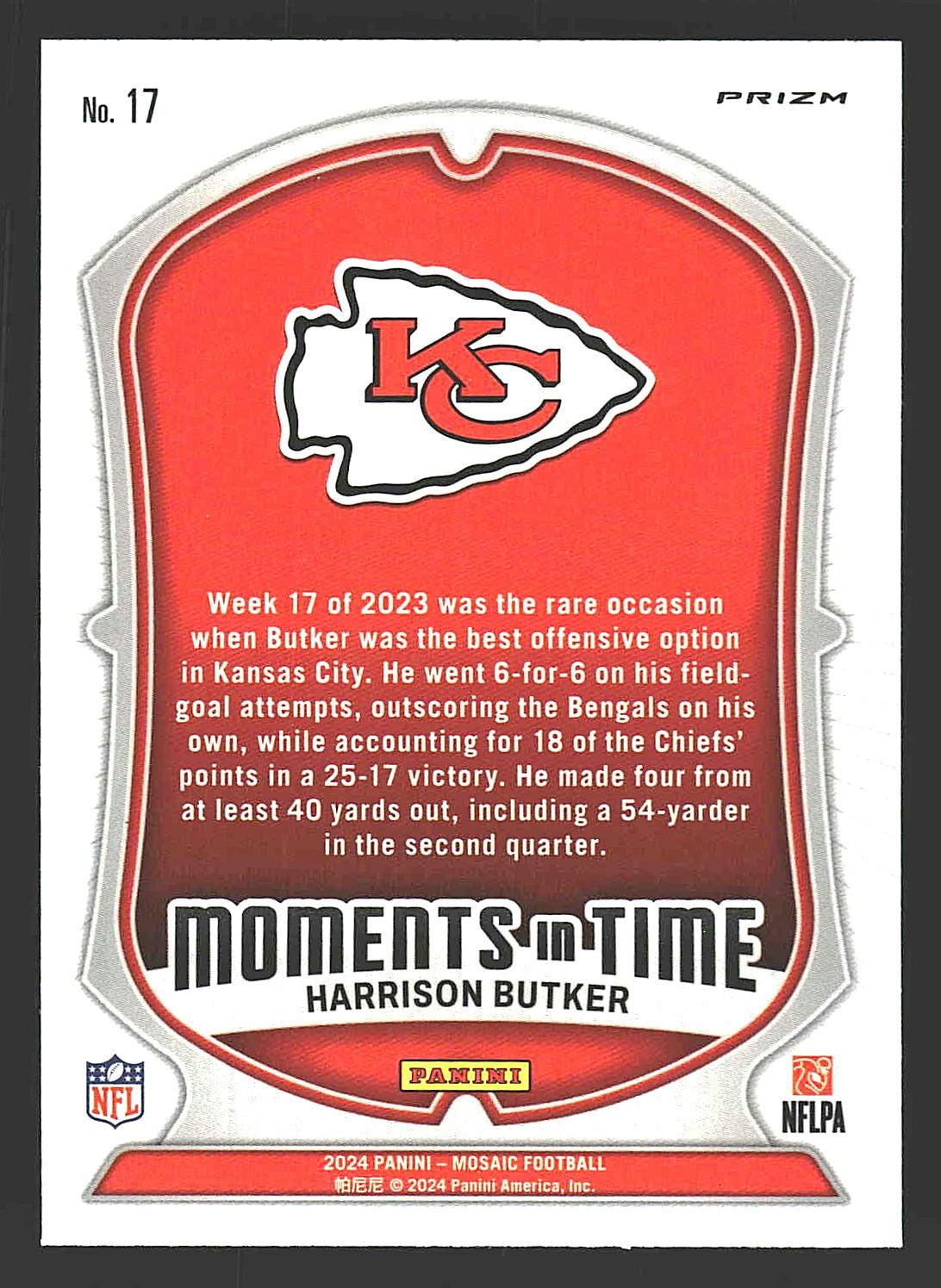 2024 Panini Mosaic #17 Harrison Butker Moments in Time No Huddle Silver