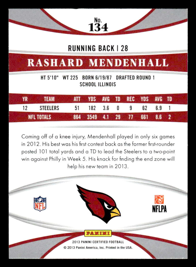 2013 Panini Certified #134 Rashard Mendenhall Platinum Red