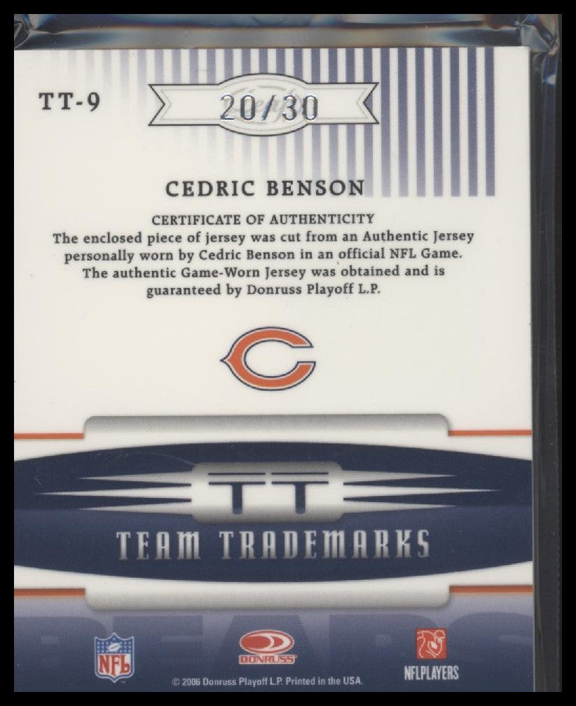 2006 Leaf Limited #TT-9 Cedric Benson Team Trademarks Materials Prime #/30