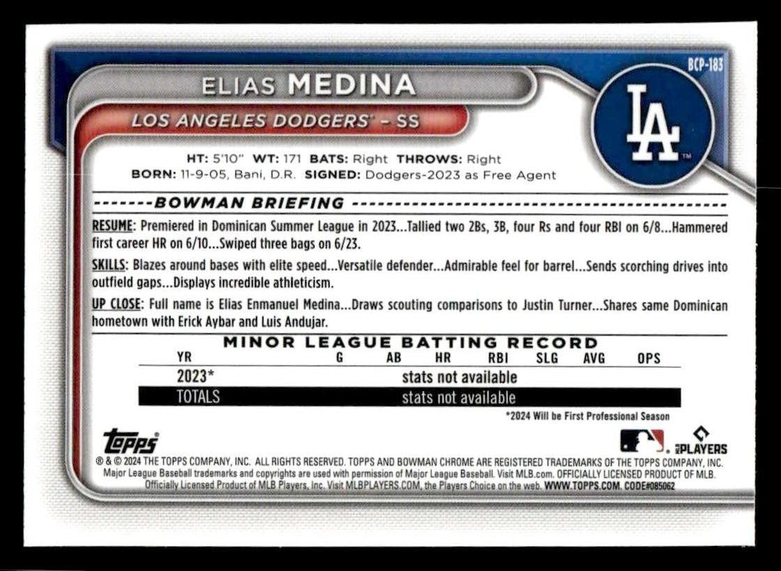 2024 Bowman Chrome #BCP-183 Elias Medina Prospects