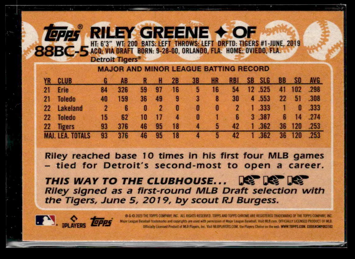 2023 Topps Chrome #88BC-5 Riley Greene 1988 Topps Baseball 35th Anniversary