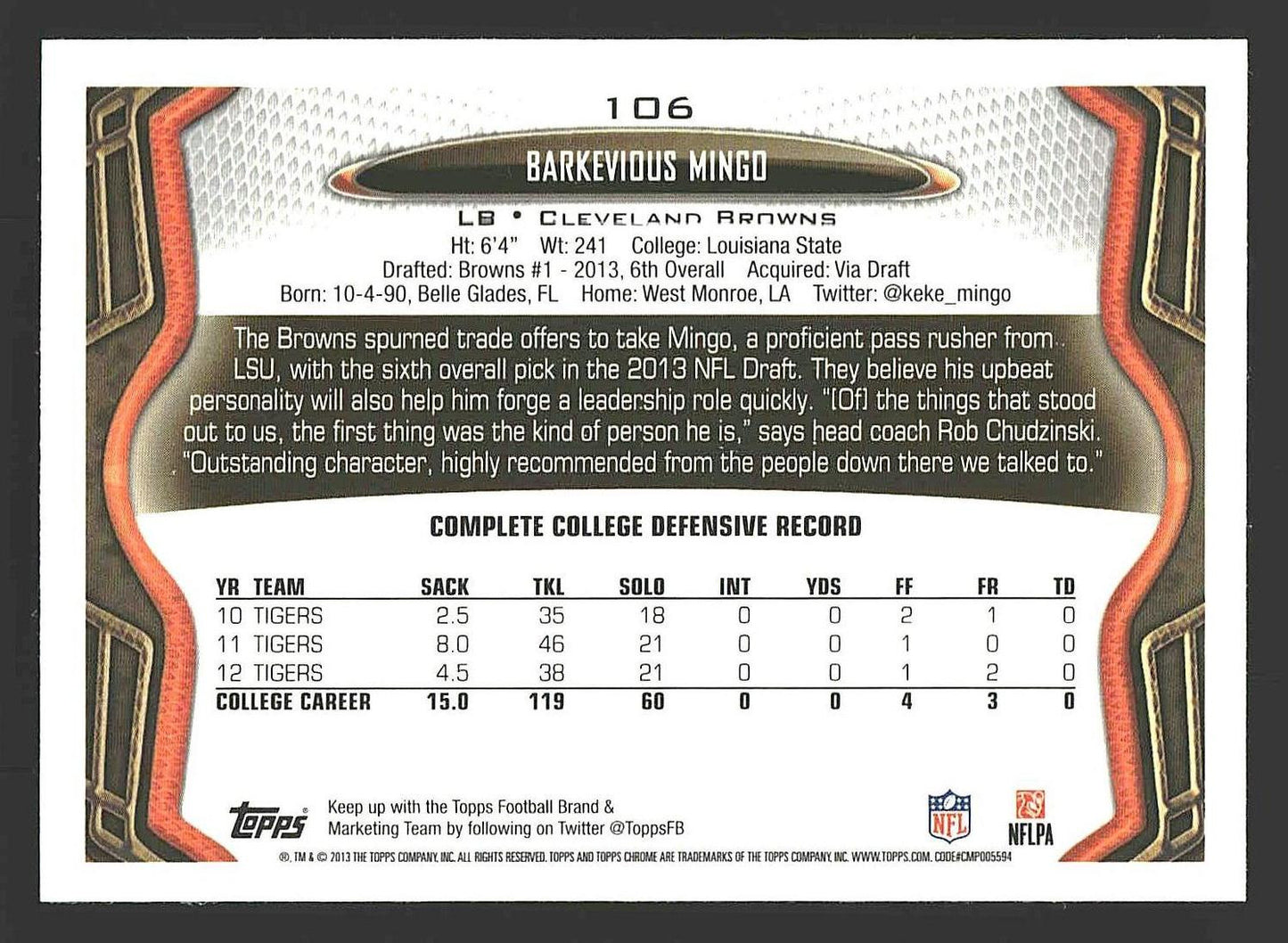 2013 Topps Chrome #106 Barkevious Mingo