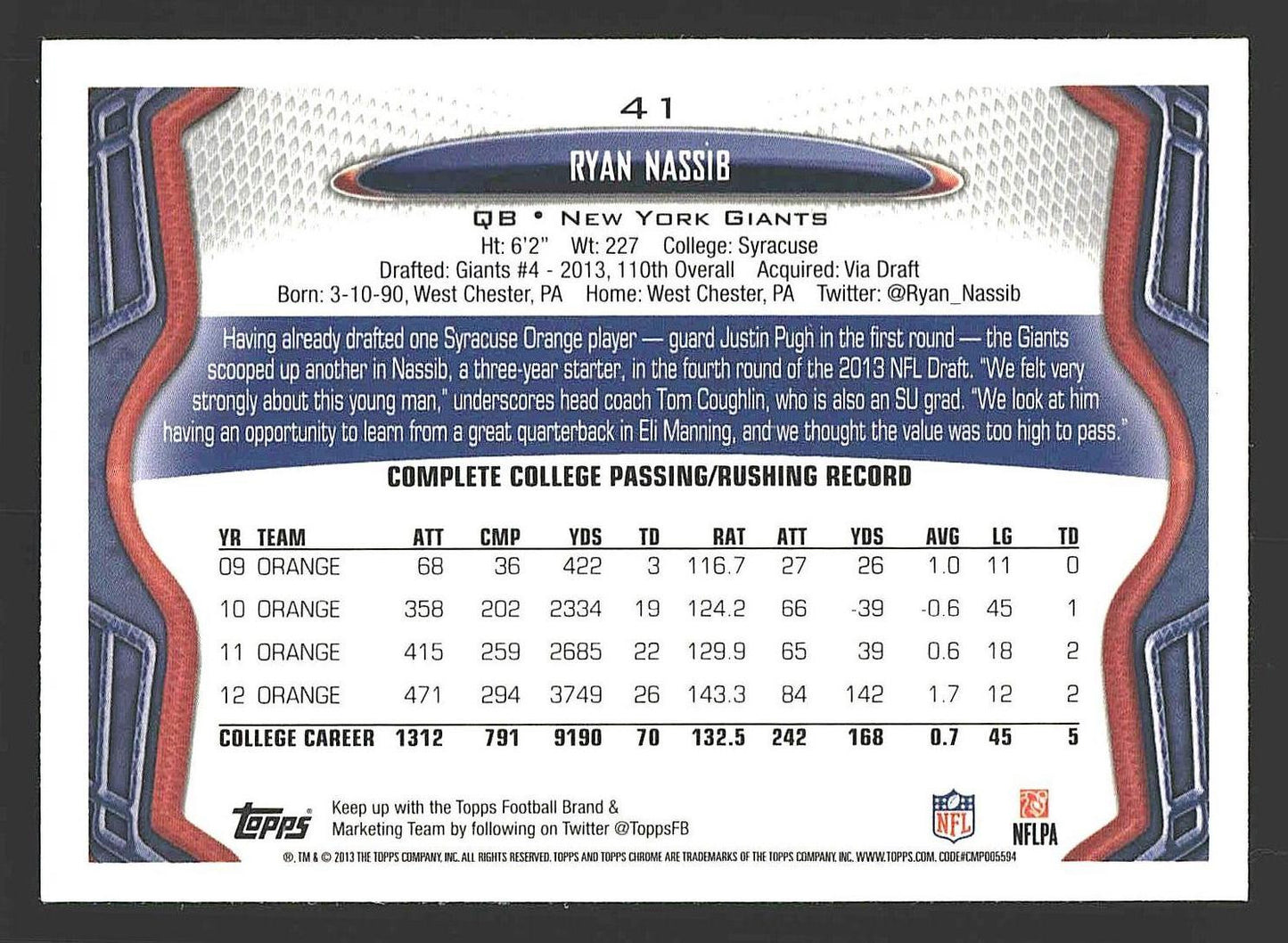 2013 Topps Chrome #41 Ryan Nassib