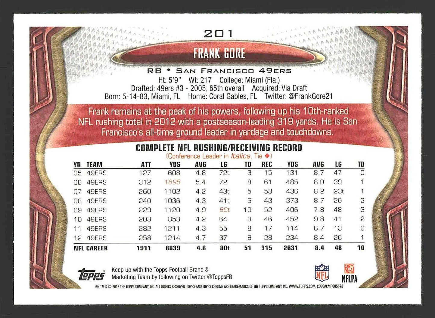 2013 Topps Chrome #201 Frank Gore