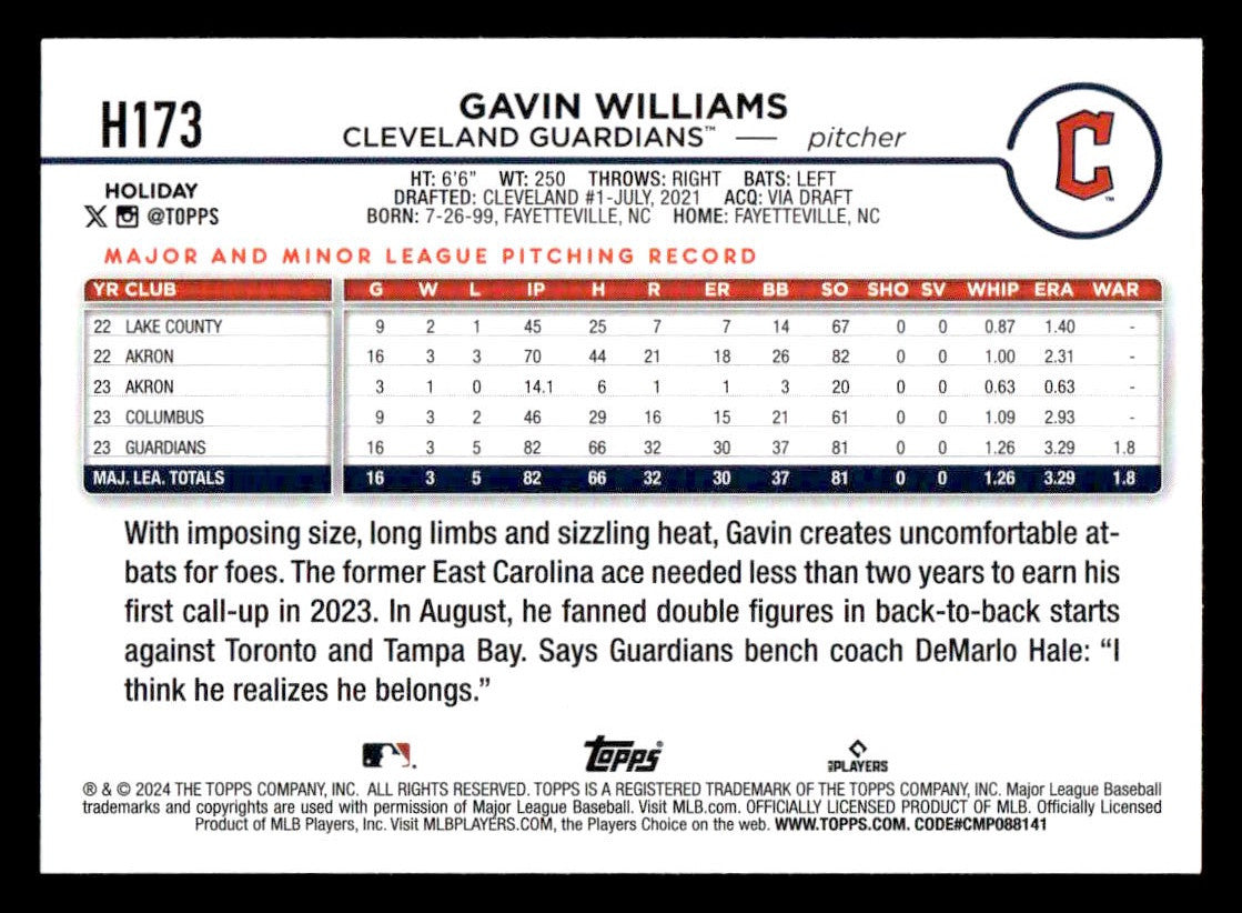 2024 Topps Holiday #H173 Gavin Williams