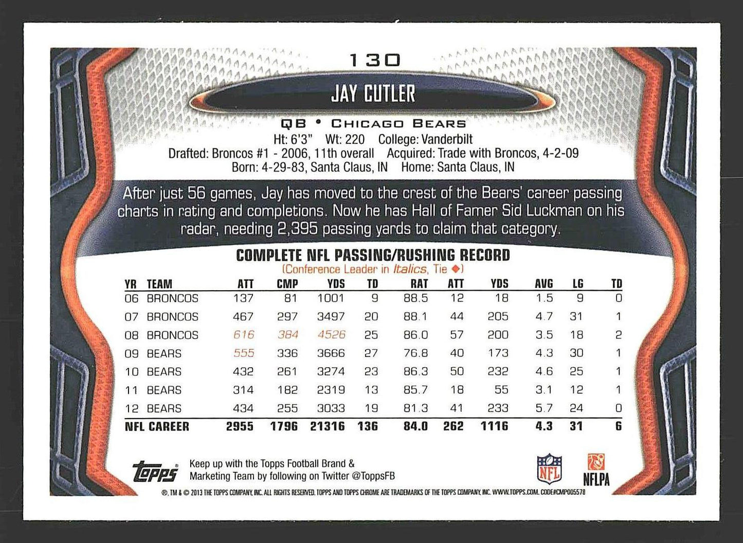2013 Topps Chrome #130 Jay Cutler