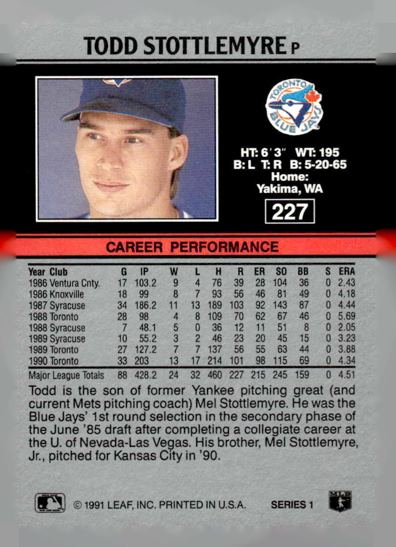 1991 Leaf #227 Todd Stottlemyre
