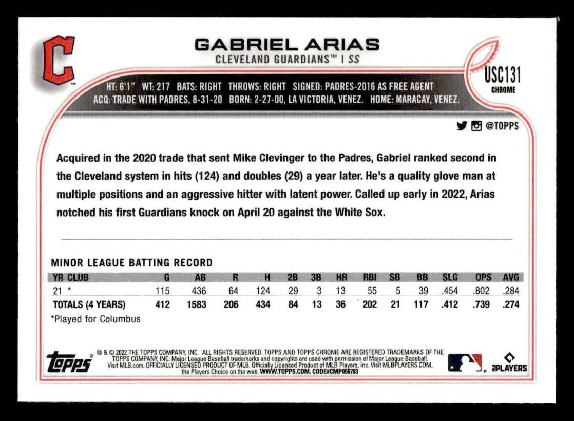 2022 Topps Chrome Update #USC131 Gabriel Arias Purple Refractor